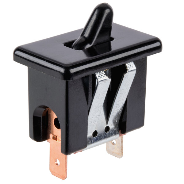 A close-up of a black Bunn Momentary Start toggle switch with metal handles and two copper wires.