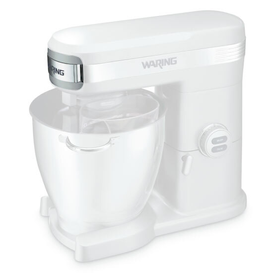 A white Waring mixer with a white cover.