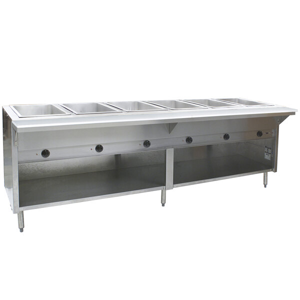 A stainless steel Eagle Group liquid propane commercial steam table with an enclosed base.