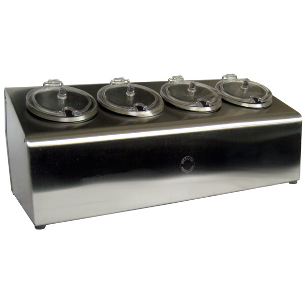 A Steril-Sil stainless steel condiment dispenser with four clear plastic lids.