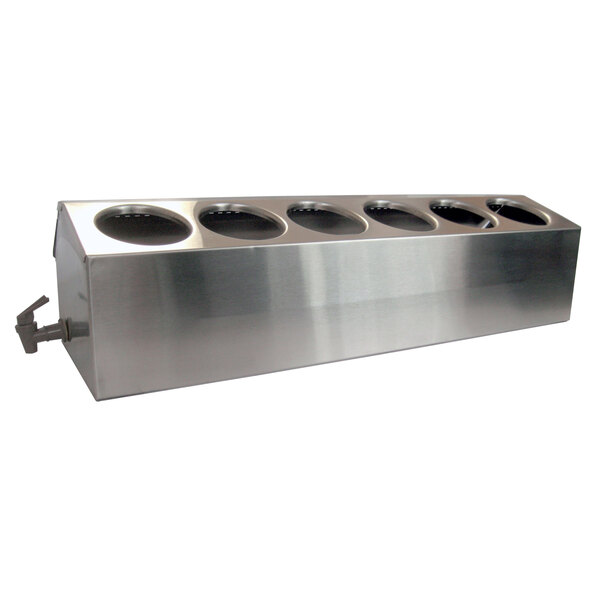 A silver rectangular stainless steel ice-cooled condiment dispenser with six compartments and holes.