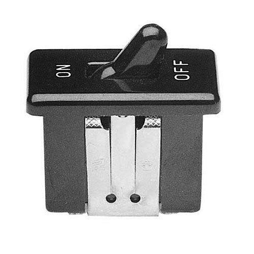 A close-up of a black toggle switch with a black handle.
