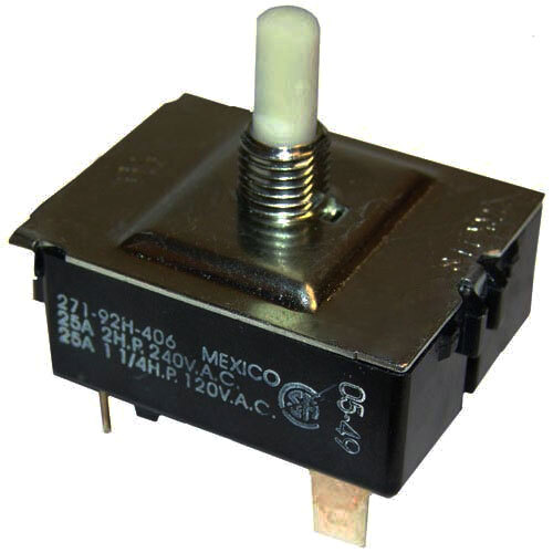 A small metal and plastic switch with a white square on it.