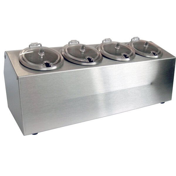 A Steril-Sil stainless steel ice-cooled condiment dispenser with 4 compartments and metal lids.
