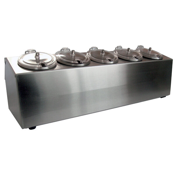 A Steril-Sil stainless steel ice-cooled condiment dispenser with four lids.