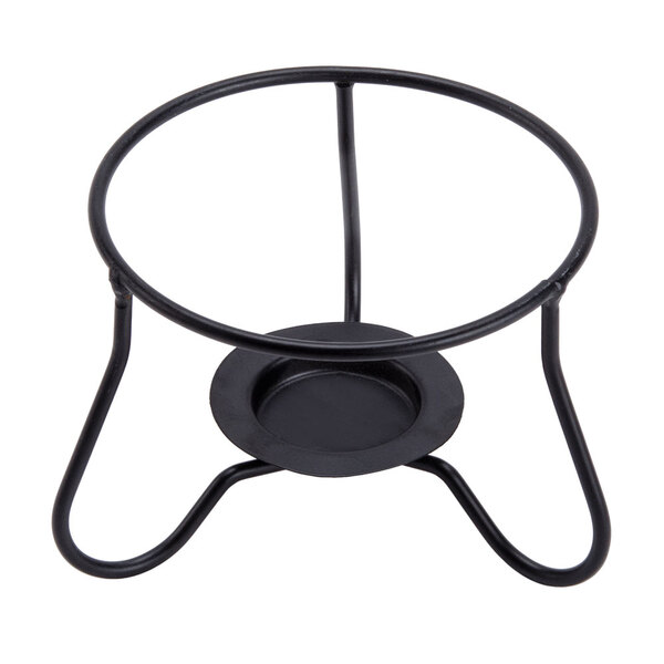 A black metal stand with a round base and a circular hole.