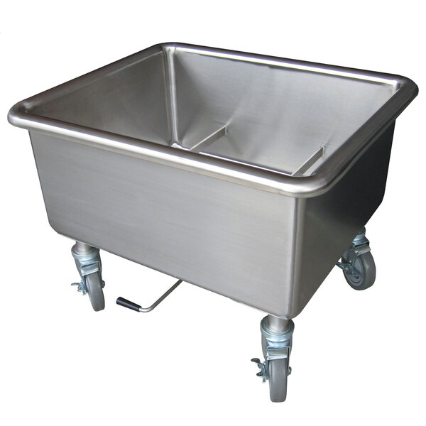 A large stainless steel Steril-Sil silverware soak sink with wheels.