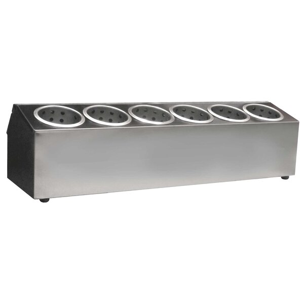 A silver rectangular countertop condiment dispenser with stainless steel cylinders in holes.