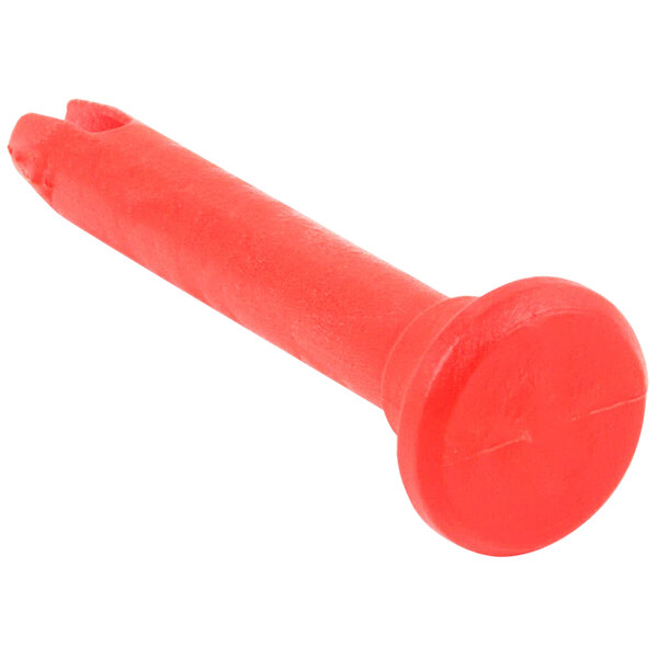 A close-up of a red plastic handle pin with a hole.