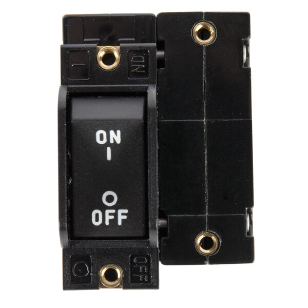 A close-up of a black and white Bunn switch with the words "on" and "off"