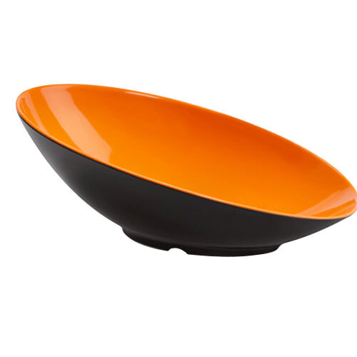 An orange and black oval melamine bowl with a slanted rim.