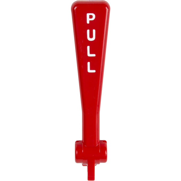 A red Cecilware faucet pull handle with white letters.