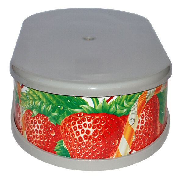 A round lighted top cover for a slushy machine with a strawberry design.