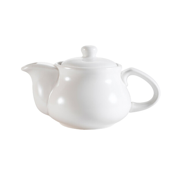 A CAC New Bone White porcelain teapot with a lid and a close-up of the handle.