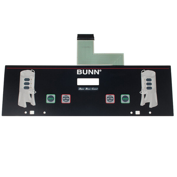 A black rectangular Bunn membrane switch with white and green buttons.