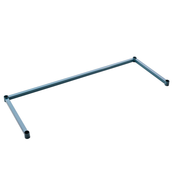 A blue metal frame with a black handle on it.