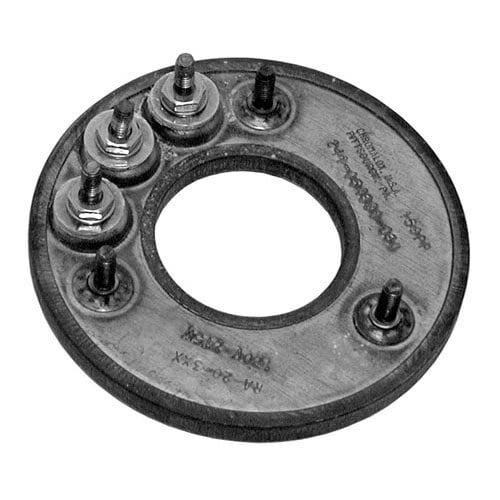 A metal circular plate with screws and bolts.