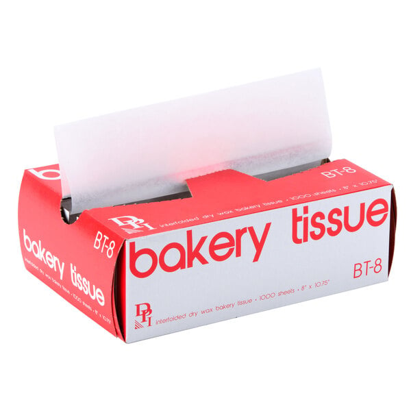 A red box of Durable Packaging bakery tissue sheets with white text.
