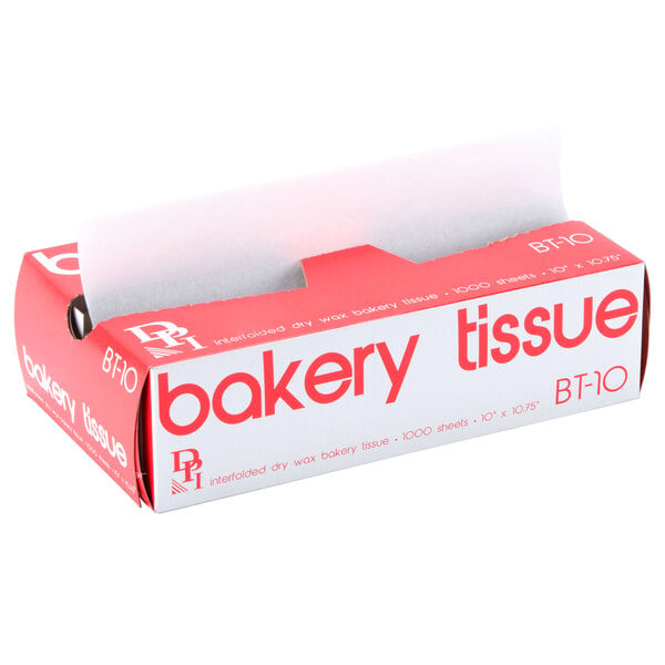 A red box of Durable Packaging bakery tissue paper with white and red text.