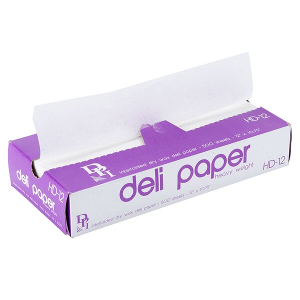 A white box of Durable Packaging deli sheets with purple and white text.