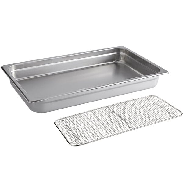 A stainless steel tray and grid set.