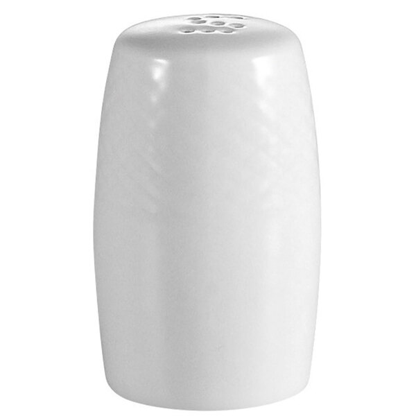 A white porcelain salt shaker with an embossed design and holes on top.