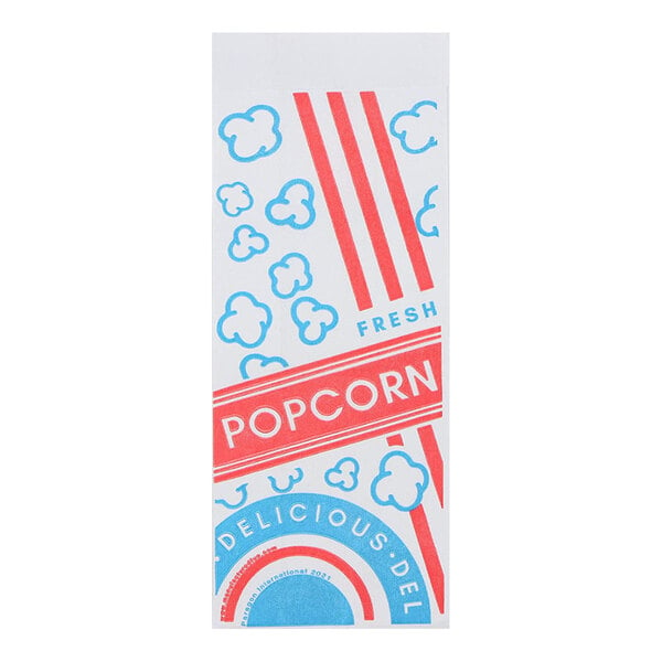 A white rectangular Paragon paper popcorn bag with red and blue text.
