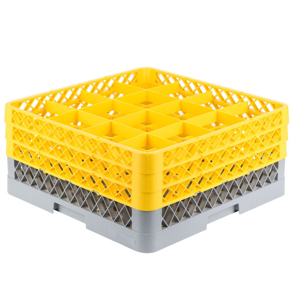 A gray plastic glass rack with yellow extenders.