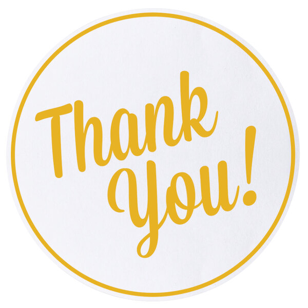 A white circle with yellow text reading "thank you" on a white surface.