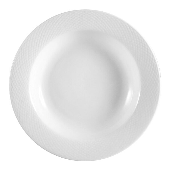 A white porcelain pasta bowl with an embossed pattern.