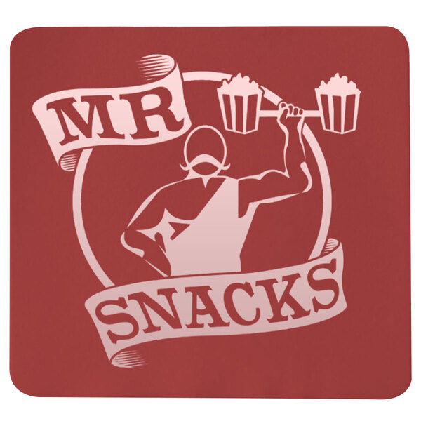 A roll of white Noble Products square food labeling stickers with a red square and a white logo of a man holding popcorn.