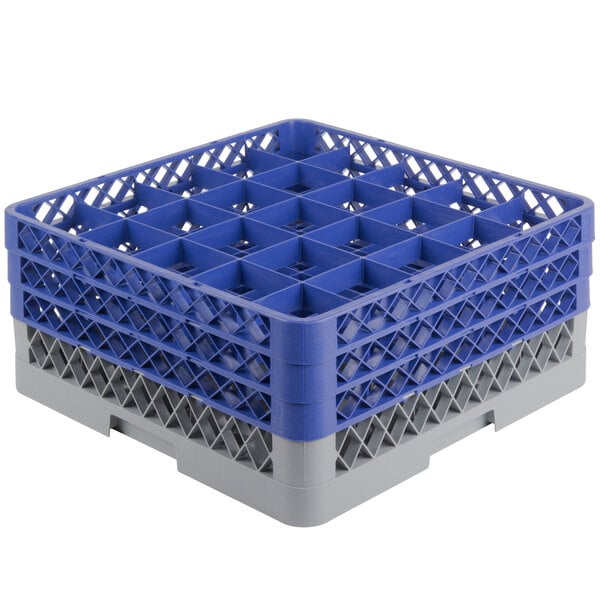 A grey and blue plastic Noble Products glass rack with 25 compartments.