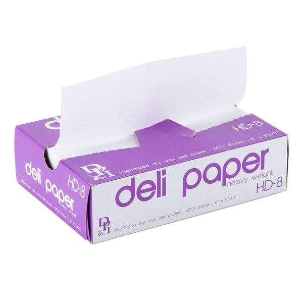 A purple and white box of Durable Packaging deli sheets.