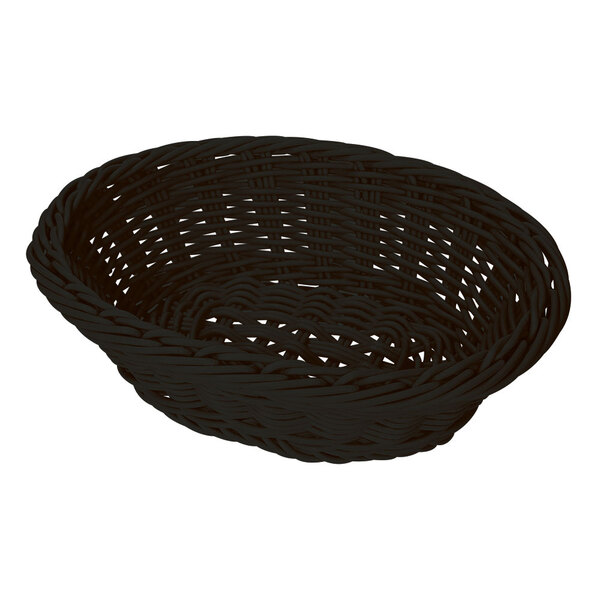 A black oval polyweave bread basket with a handle.
