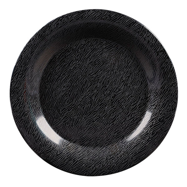 A black GET textured melamine plate with a white textured pattern on the rim.