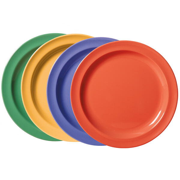 A group of GET Creative Table assorted color melamine plates.