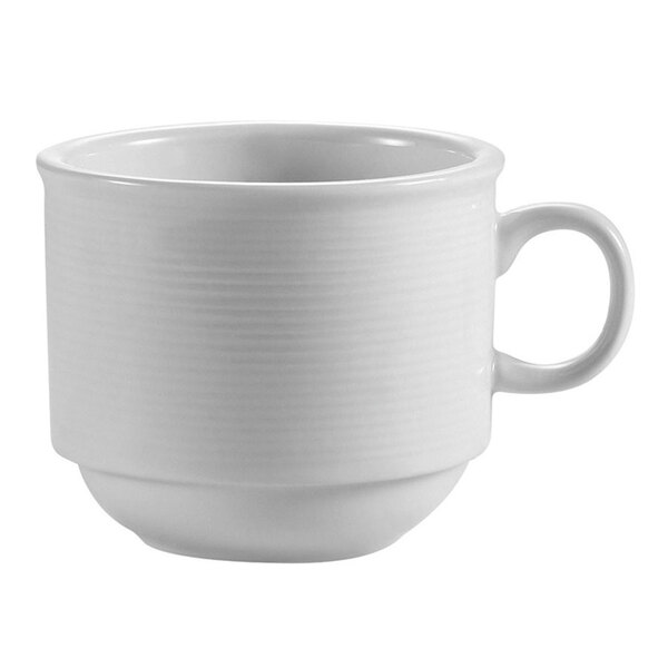 A CAC white porcelain espresso cup with a white handle.