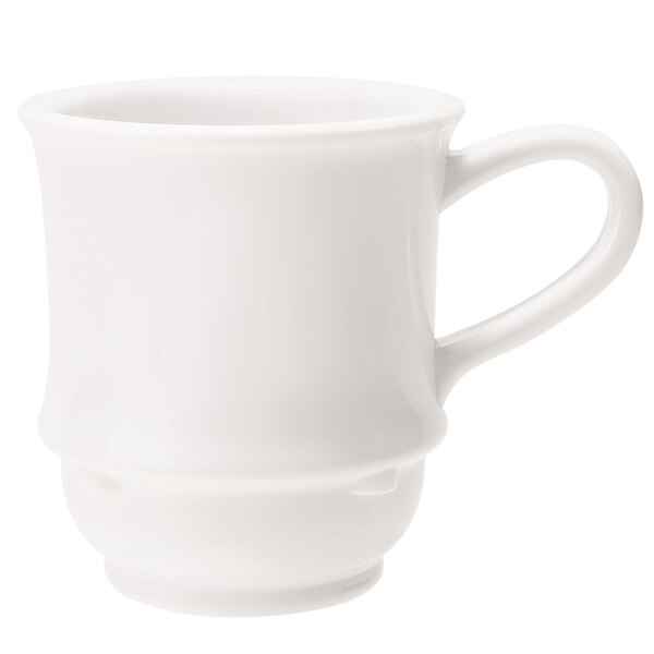 A close-up of a white GET Diamond white plastic coffee mug with a handle.