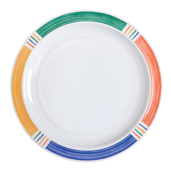 A white GET Creative Table round plate with a colorful diamond striped border.