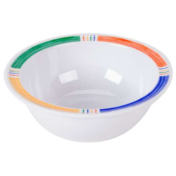 A white GET Creative Table Diamond melamine bowl with colorful stripes.
