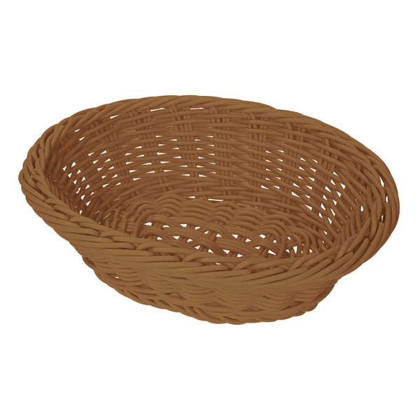 A brown oval polyweave basket with a handle.