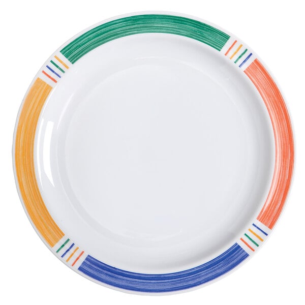 A white GET Creative Table round plate with colorful diamond stripes.