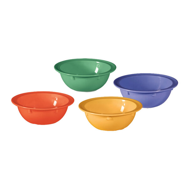 A group of GET Creative Table Mardi Gras assorted color melamine bowls.