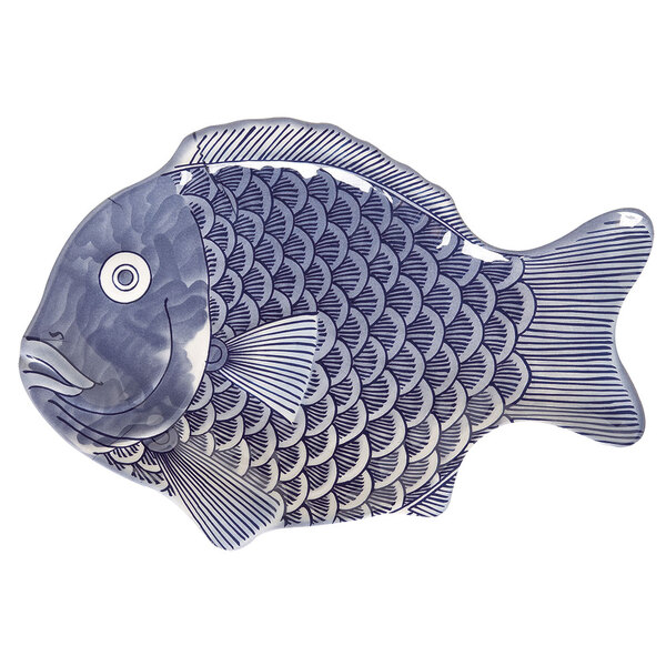 A blue rectangular melamine platter with white fish designs on it.