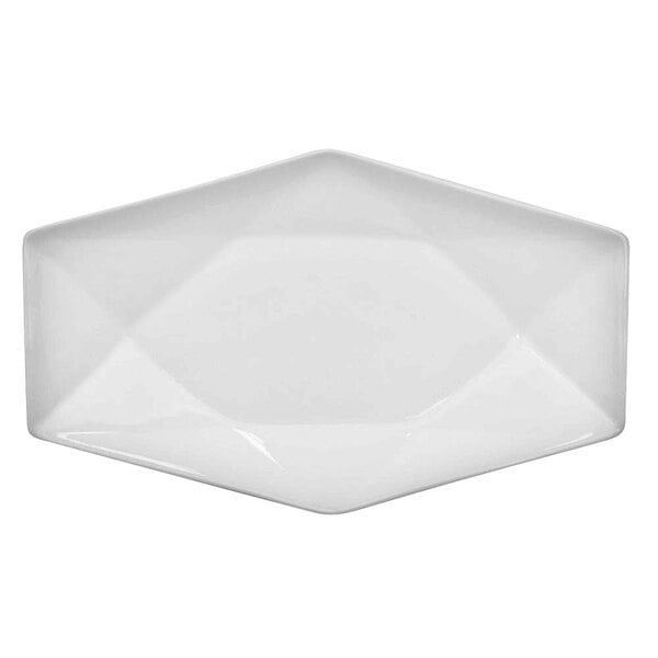 A white rectangular porcelain platter with a diamond pattern.