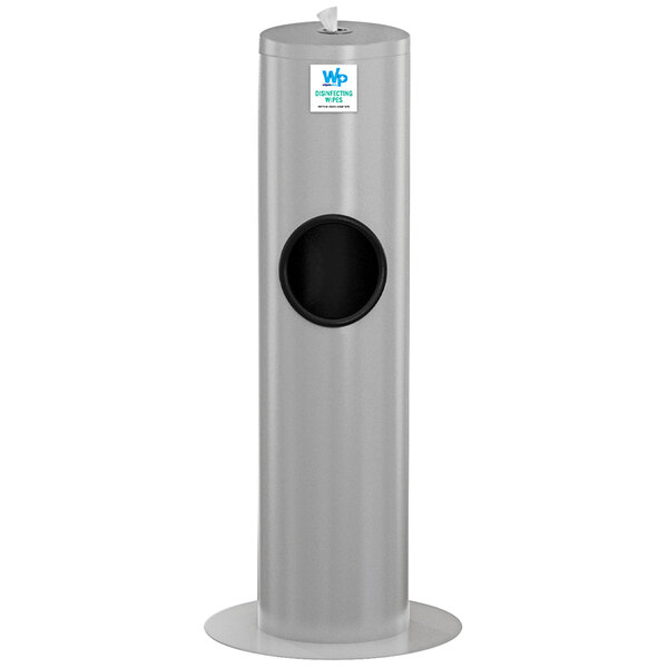 A white WipesPlus floor dispenser with a stainless steel trash can and black lid.