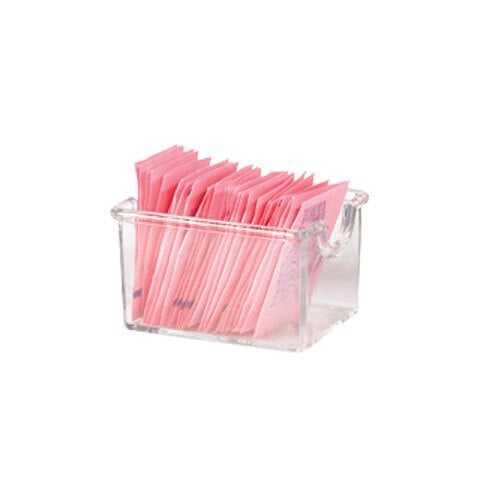 A clear container with pink sugar packets inside.