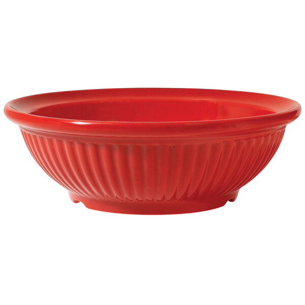 A red Geneva melamine bowl with a rippled design.