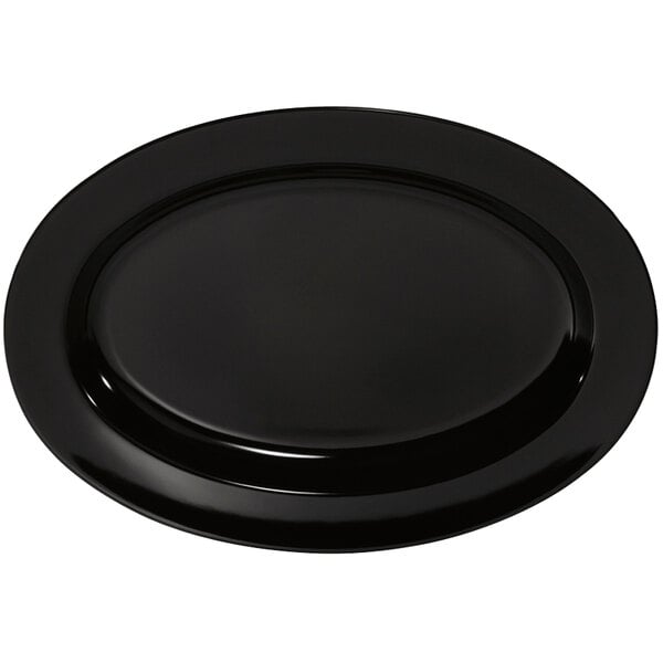 A black oval GET Milano melamine platter with a black border.