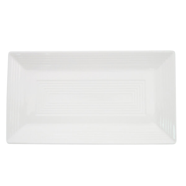 A white rectangular porcelain platter with black lines.